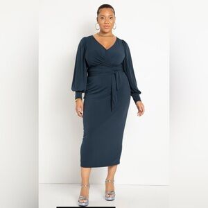 NWT Eloquii Faux Wrap Long Sleeve Dress | 14 | Deep Blue